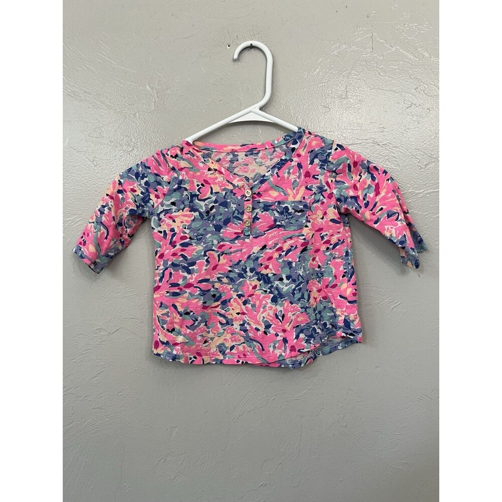 Lilly Pulitzer Coco Coral Crab Girls XS 2 2T Colorful 3/4 Sleeve Blouse Shirt